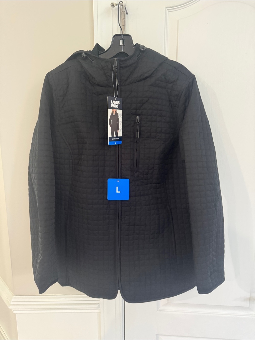 Lands' End Black Quilted Hooded Jacket-Size L-NEW WITH TAGS